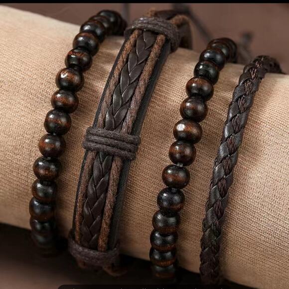 4 Pc Leather Wood Bead Woven Bracelets Unisex Adjustable Boho Minimalist Brown - Picture 5 of 6
